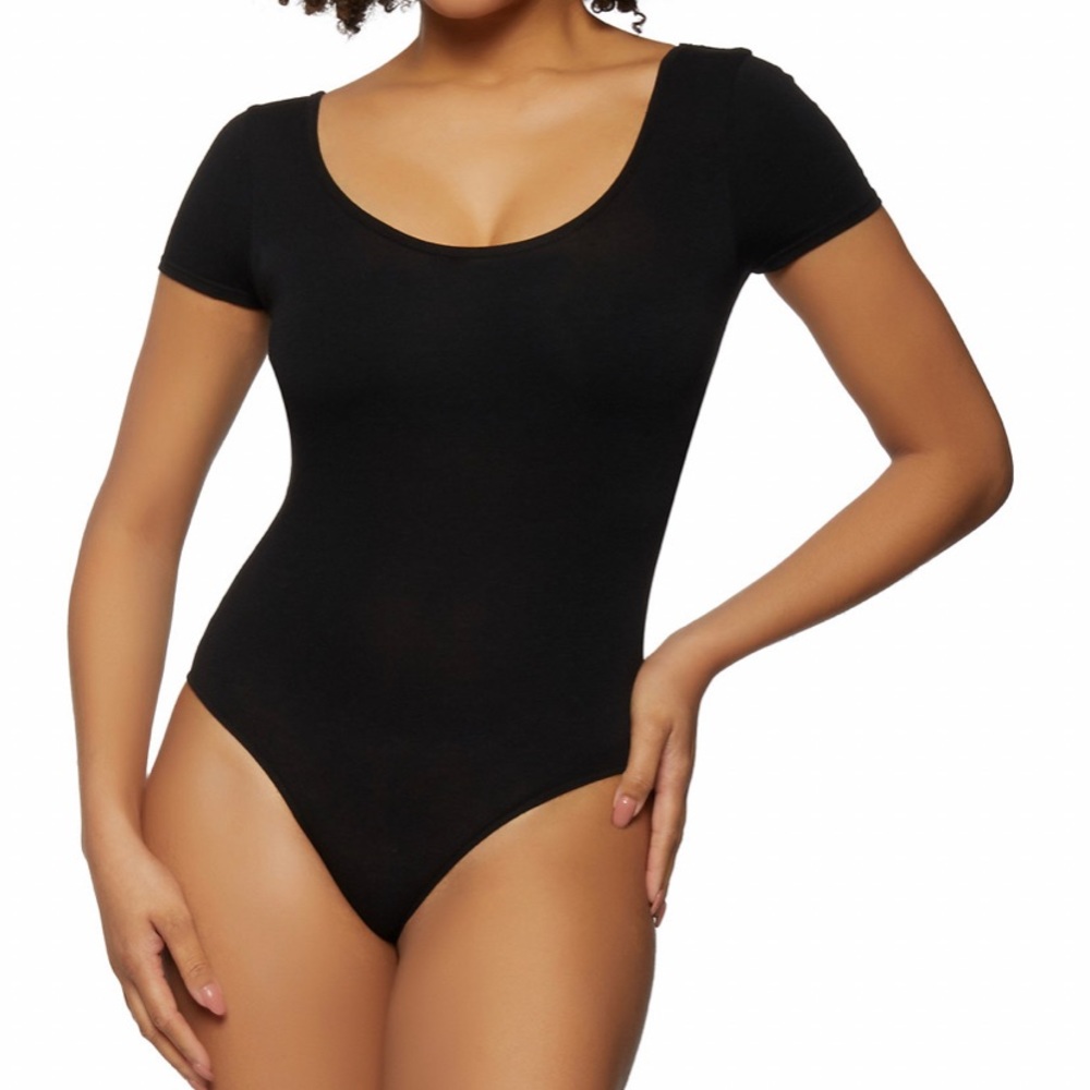 Basic black short sleeve bodysuit leotard top